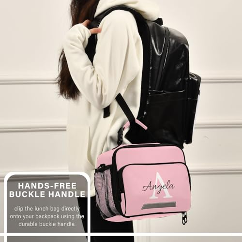 Custom Student Lunch Bag for Boys Girls Pink Solid Color Personalized Name Lunch Box Insulated Cooler Bag for School Picnic Office - color: Multi19