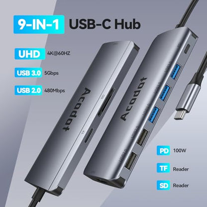 USB C Hub, 9-in-1 Multi-Port USB Adapter, 4K@60Hz HDMI, 100W Max PD, 3 USB3.0(5Gbps) + 2 USB2.0 Data Ports, SD/TF Card Reader for MacBook, iPad Pro, Dell, HP, Lenovo, Windows Laptop - color: Grey
