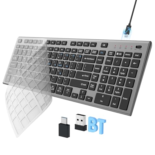FENIFOX Wireless Keyboard, Bluetooth & 2.4G USB & USB-C Rechargeable Silent Ultra Quiet Low Profile Compact Full Size with Number Pad Soft Multi Device for Mac MacBook Windows PC - Black & Grey - color: Black Gray