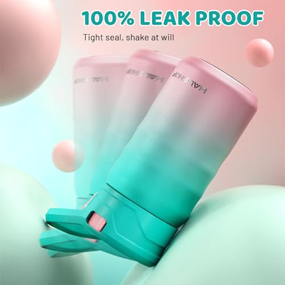 HAUSHOF Kids Water Bottle 12 oz BPA-free with Straw and Stickers, Stainless Steel Vacuum Double Wall Insulated cup with Leak Proof for school, Gift, Girls (Green and Pink) - color: Green and Pink(1 Pack)