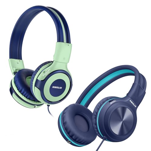 SIMOLIO Stereo Wired Headphones Teens Adults Kids Youths w/Mic & Volume Control & Volume Limited & Share Port & Portable Pouch, Safe Volume Durable Headset for Online School Gaming PC Laptop Travel