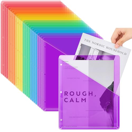 Seajan 24 Pcs Pocket Folders for 3 Ring Binder Clear Plastic Folders Sleeves with 2 Pockets 3 Hole Punch Binder Dividers Poly Slash File Jackets for Office School Document Organizer (Multicolor) - color: Multicolor