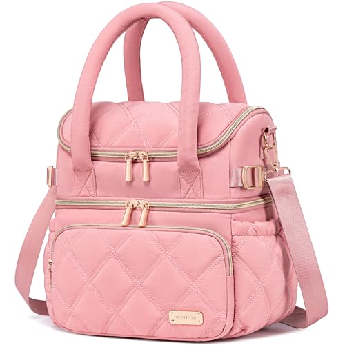 Weitars Lunch Bag for Women Men,Double Deck Lunch Box for Women,Quilted Lunch Tote for Work,Insulated Lunch Cooler Leakproof Lunchbox for Adult with Shoulder Strap &Pockets for Picnic Hiking (Pink) - color: Pink