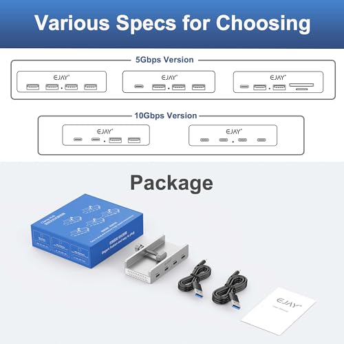 EJAY 10Gbps USB C Hub 4Ports Aluminum USB 3.2 Docking Hub Clamp Design for Desk/Computor with Extra Power Supply Port and 47inches Long Data Cable&39inches Power Cable (Silver) - size: with 4 USB C