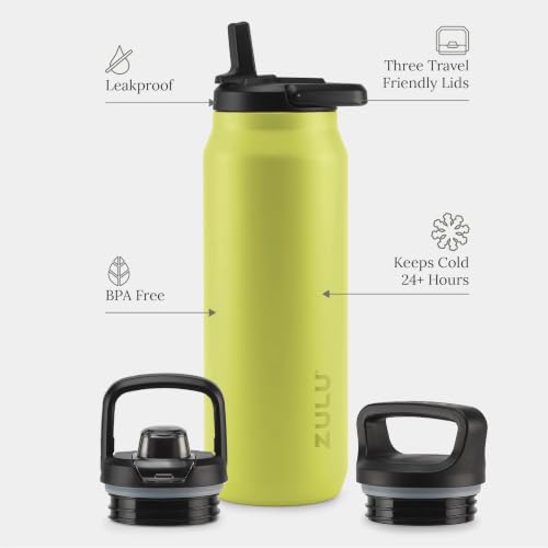 ZULU Base 40oz Stainless Steel Water Bottle with 3 Lids- Straw, Chug, Twist | Double Walled and Vacuum Insulated Metal Thermos | For Gym, Outdoor | Built in Carry Loop, Dishwasher Safe, Guac - color: Guac, style: 40oz