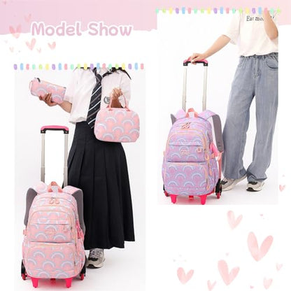 3Pcs Girls Rolling Backpack Kids Bookbag with Wheels Set Elementary Students Outdoors Trolley Schoolbag - color: Blue 6 Wheels-b