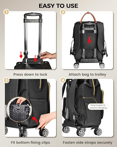 Ytonet Rolling Backpack for Women, 15.6 In Rolling Travel Backpack with 4 Spinner Wheels, Carry On Rolling Laptop Bag with Detachable Trolley, Stylish Wheeled Backpack for College Business Work, Black - color: Black