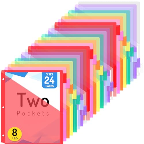 Forvencer 24 Count Binder Dividers with Two Pockets, 8 tab Dividers for 3 Ring Binders Organizer, Binder Divider with Tabs for School Office and Home Organization, Multicolor, 3 Sets | Dividers for 3 ring Binder Organizer, Binder Divider with Tabs for Sch