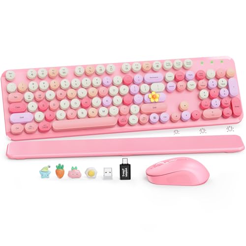 Wireless Keyboard and Mouse Combo, Cute Retro Typewriter Keyboard with Round Keycaps and Magnetic Wrist Rest, Full-Size 2.4GHz Cordless for Mac, Windows PC, Laptop, SABLUTE CK23, Pink Multi-Color - color: Pink Multi-Color