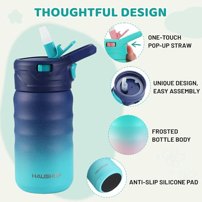 HAUSHOF Kids Water Bottle 2-Pack (12 oz) BPA-free with Straw and Stickers, Stainless Steel Vacuum Double Wall Insulated cup with Leak Proof for school, Gifts, Boys and Girls(Blue/Pink) - color: Blue/Pink(2 Pack)