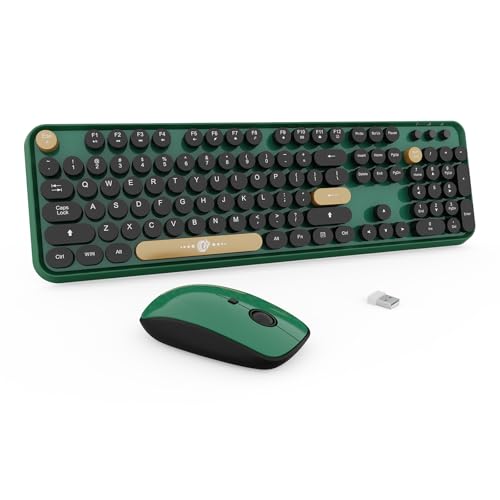 Wireless Keyboard and Mouse Combo Cute Colorful Keyboard and Mouse, Retro Typewriter Keyboard with 2.4GHz Plug & Play, for Windows 11/10/7, Laptop, PC (Dark Green) - color: Dark Green