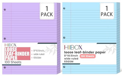 200 Sheets Wide Ruled Filler Paper, 8x10.5 Inch, 3-Hole Punched for Binders - 100 Purple & 100 Blue, Fights Ink Bleed, for School College Office
