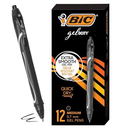 BIC Gelocity Quick Dry Black Gel Pens, Medium Point (0.7 mm), Supplies for Students and Teachers, with Full Grip, 12-Count Pack in Black - color: Black, size: 12 Count (Pack of 1)