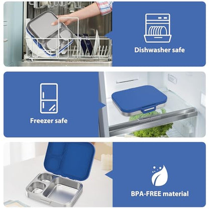 Pawtong Stainless Steel Bento Lunch Box for Kids | 3-Compartment Lunch Box Container Kids | 100% Leakproof, Eco-Friendly, Perfect Portion Control for Kids&Adult Healthy Meals (Blue) - color: Blue