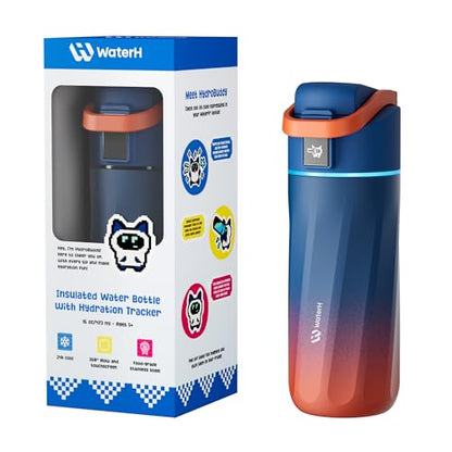 WATERH BOOST Kids Smart Water Bottle with Reminder & Tracker, 16oz | BPA-Free, Vacuum Insulated Stainless Steel, 24H Cold & 12H Hot, DIY Fridge Magnets, Rubber Base, Ideal for Travel & Camping - color: Ara Macao