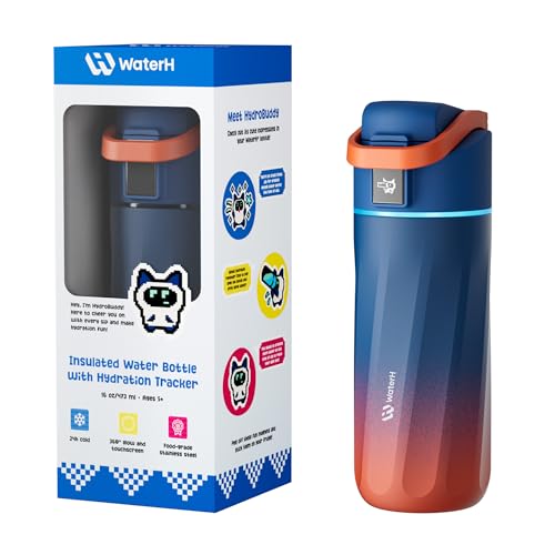 WATERH BOOST Kids Smart Water Bottle with Reminder & Tracker, 16oz | BPA-Free, Vacuum Insulated Stainless Steel, 24H Cold & 12H Hot, DIY Fridge Magnets, Rubber Base, Ideal for Travel & Camping - color: Ara Macao