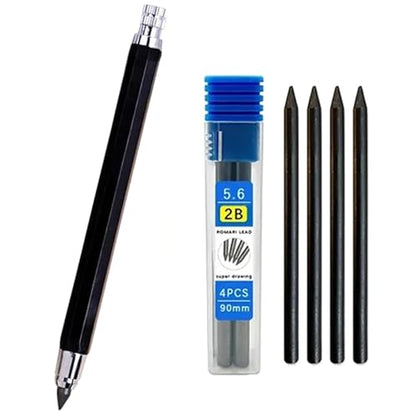 5.6mm Metal Mechanical Pencil Set with Clip Metal Mechanical Clutch Graphite Pencil Lead Pencil and 4pcs Lead For Construction, Draft Drawing, Crafting, Art Sketching (Black Pen and 4 lead) - color: Black Pen and 4 lead