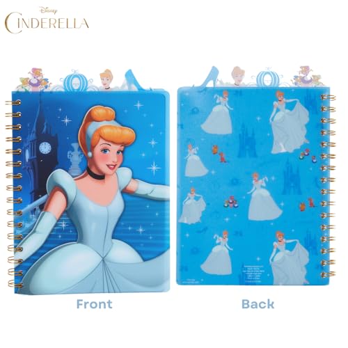 Disney Princess Cinderella Tab Journal, Spiral Notebook, Dividers, 8x7 Inch | Cinderella Vinyl Cover, 4 Tab Dividers, 96 Lined Pages, Disney Journal Notebook for School, Office, Work, Gifts, Girls, Cute - style: Cinderella