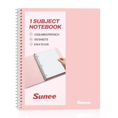 SUNEE Spiral Notebook, 1-Subject, Graph Ruled Paper, 8" x 10-1/2", 100 Sheets per Notebook, 3-Hole Punched Paper, Water Resistant Cover, Spiral Grid Notebooks for Work, Home, School, Writing, Pink - color: Pink