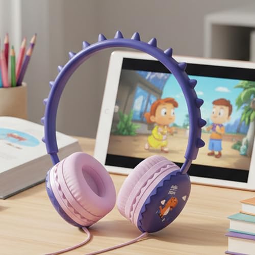 Kids Dinosaur Wired Headphones with Noise Cancelling Purple | Safe 85/94dB Volume Limit, HD Microphone for School, Soft Ear Cups, Pink Headphones for Toddlers & Teens. - color: Dinosaur Purple