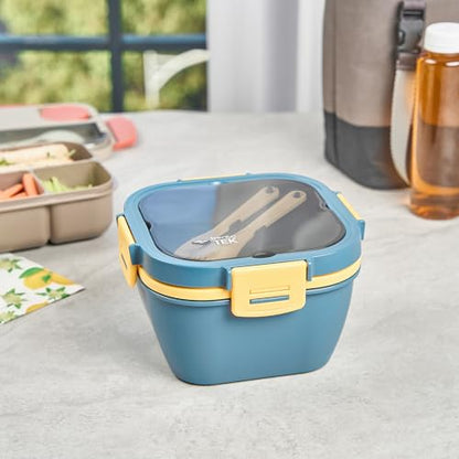 Restaurantware-Bento Tek 57.5 Ounce Bento Box, 1 Reusable Lunch Container - With Fork And Knife, Does Not Contain BPA, Blue And Yellow Plastic Reusable Lunch Box, Microwavable, Dishwashable - size: 1 Count, style: 58 oz - Blue