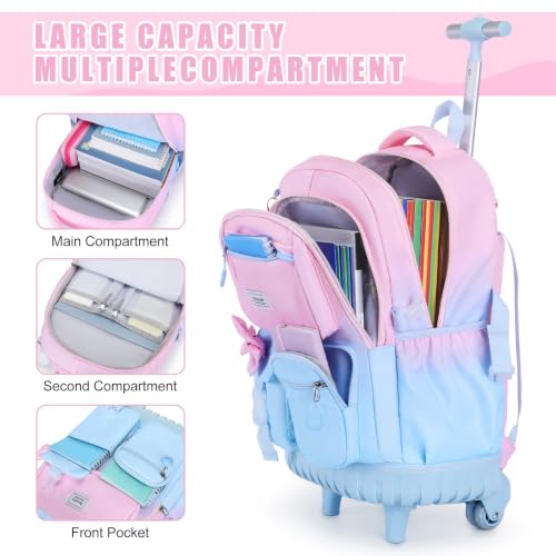 Bevalsa Rolling Backpack for Girls, Roller Backpack with Wheels, Cute Bow Wheeled School Bookbag Set with Lunch Bag & Pen Case, Suitcases for Kids Teens Elementary Middle Student (Pink Blue) - color: Pink Blue