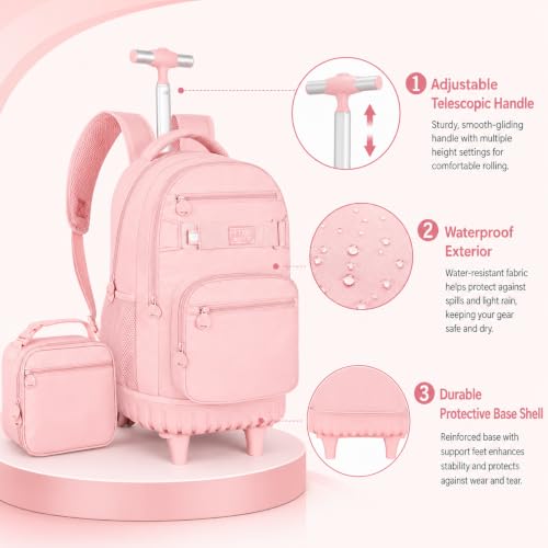 HPJGD 3PCS Girls Rolling Backpack, Womens Pink School Backpacks with Wheels, Water Resistant Roller Kids Wheeled Bookbag Set - color: Classic Pink Rolling Backpack Set