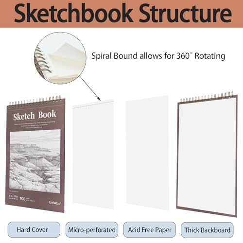 Crehatos 9" x 12" Sketch Book, Top Spiral Bound Sketch Pad, 100 Sheets 68lb/100gsm Drawing Paper, 1 Pack | Top Spiral Bound Sketch Pad, 68lb/100gsm Drawing Paper for Dry Media - size: 9" x 12" (1 Pack)