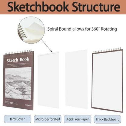 Crehatos 9" x 12" Sketch Book, Top Spiral Bound Sketch Pad, 100 Sheets 68lb/100gsm Drawing Paper, 1 Pack | Top Spiral Bound Sketch Pad, 68lb/100gsm Drawing Paper for Dry Media - size: 9" x 12" (1 Pack)