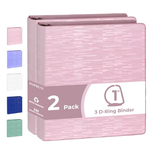 POPRUN 3 Ring Binder 1 Inch, D Ring PVC-Free (Fit 225 Sheets 8.5"x11" Paper), 2 Pack Heavy-Duty with 2 Pockets for Study Work Partner Supplies, Pink - color: Pink, size: 1 inch