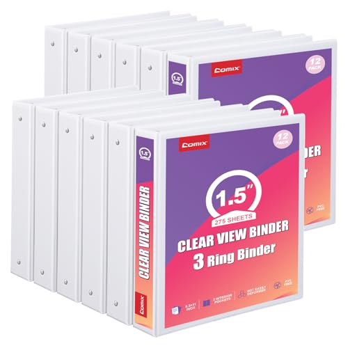 Comix Durable 1.5 Inch 3 Ring Binder, Round View Binder for Office or School, Fits 275 Sheets of 8.5x11 Paper, PVC-Free & Foldable Spine, Made in North American, 12 Pack (White) - color: White, size: 1.5 inch, style: 12 Pack