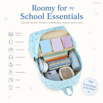 BTOOP School Backpack for Teens Large Cute Bookbag Lightweight 15.6 inch Laptop Bag for Girls Women Casual High School College - color: Blue Bow