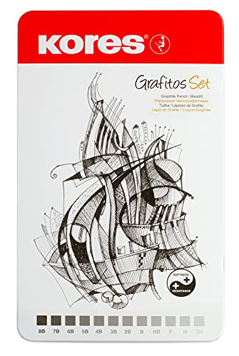Kores - Grafitos: Graphite Pencils Different Grades Set for Kids and Adults with Soft Lead, Triangular Shape, School and Art Supplies for Writing, Drawing and Sketching, Set of 12 in Metal Box