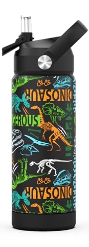 Boys Water Bottle with Straw,18 oz Kids Insulated Cups with Stainless Steel Leak Proof for School,Sport&Travel（Dinosaur） - color: A12.Dinosaur