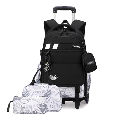 EKUIZAI 3PCS Boys Rolling Backpack for School Kids Wheeled School Bags with Wheels Trolley Roller Backpack for Teen Boys - color: 3pcs Newspaper Printing, size: 3 Pieces (6 Wheels)