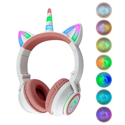 Upgrade Unicorn Headphones for Girls, Kids Bluetooth Wireless Headphones with 7 Colour Flash Light, 93dB Volume Limited, for Toddlers Tablet/iPad/Amazon Fire, Birthday Gifts, (White Pink) - color: W WHITE
