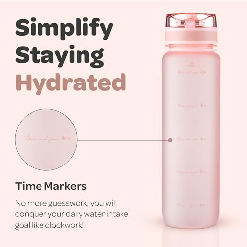 Hydracy Water Bottle with Time Marker -Large 32oz BPA Free & No Sweat Sleeve -Leak Proof Gym Bottle with Fruit Infuser Strainer & Times to Drink -Ideal for Fitness Sports & Outdoors | BPA-Free Tritan, Leakproof Flip-Top Lid,No-Sweat Sleeve,Carry Strap,Dai
