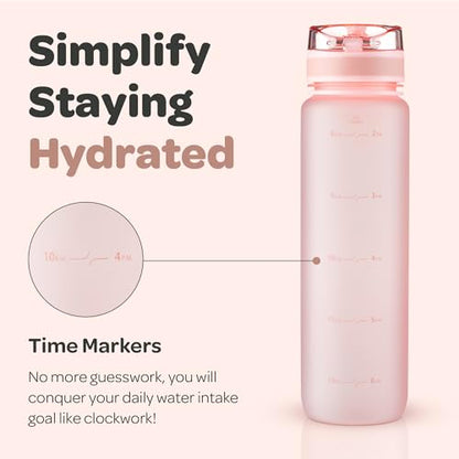 Hydracy Water Bottle with Time Marker -Large 32oz BPA Free & No Sweat Sleeve -Leak Proof Gym Bottle with Fruit Infuser Strainer & Times to Drink -Ideal for Fitness Sports & Outdoors | BPA-Free Tritan, Leakproof Flip-Top Lid,No-Sweat Sleeve,Carry Strap,Dai