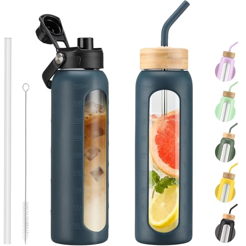 Kodrine 32 oz Glass Water Bottle with Straw & Spout Lids, Motivational Time Marker, Borosilicate Glass Bottle with Silicone Sleeve, Leakproof, Wide Mouth, BPA-Free for Gym, Fitness & Travel-Navy Blue - color: Navy Blue, size: 32 Ounces