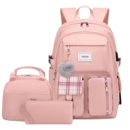 Acmebon Girl Roomy Fashion Laptop Backpack Set Casual Daypack Set for Women Pink - color: Pink