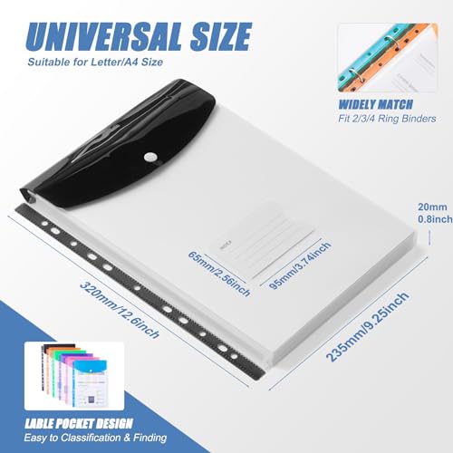 Binder Pocket Organizer Folders, 12 Pack Expandable Files Bag Plastic Envelopes Binder Folders with 11 Holes for 2/3/4 Ring Binder, Document Pouch with Snap Button and Label for School Office Home - color: Vertical-12 Pack