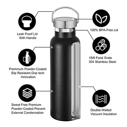 Neihepal 20 oz Insulated Water Bottles Bulk 2 Pack,Stainless Steel Double Wall Sport Bottle with Lid of Handle,Metal Reusable Thermoses Flask with Cup Cap for School,Hikers,Gift (Black,Set of 2) - color: Black