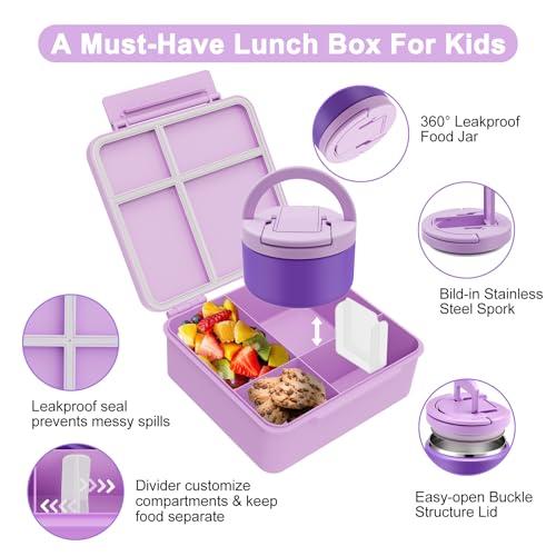 MAXSO Bento Lunch Box Set for Kids with 8 oz Soup Thermo, Leakproof Hot Food Container with 4 Compartments, Insulated Food Jar for Toddler Daycare Boys Girls School - Purple - color: Purple