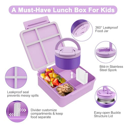 MAXSO Bento Lunch Box Set for Kids with 8 oz Soup Thermo, Leakproof Hot Food Container with 4 Compartments, Insulated Food Jar for Toddler Daycare Boys Girls School - Purple - color: Purple