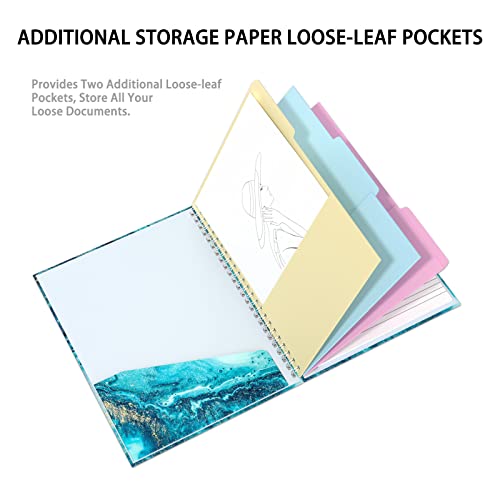 Rimilak Spiral Clipboard Folio with Refillable Lined Notepad, 14.5 x 9.8 In, Hardcover Cover with 5 Interior Pockets, Elastic Band and Pen Loop Series. Cute Stylish Clipfolio, Teal Marble - color: Teal Marble
