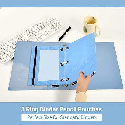 MCHIVER Light Blue Pencil Pouch for 3 Ring Binder Pencil Pouches with Zippers Clear Window Binder Pockets Pencil Bags for Work Office Daily 2 Packs - color: Light Blue