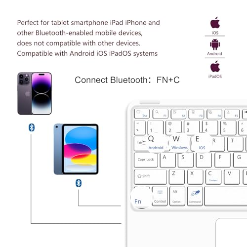 for Bluetooth Keyboard Touchpad Built, Cute Tablet Stand Adjustable & Foldable, Wireless Rechargeable Bluetooth for iPad, iPad Pro/Mini/Air, Samsung Xiaomi Tablets, etc - White - color: C-Touchpad Keyboard-White