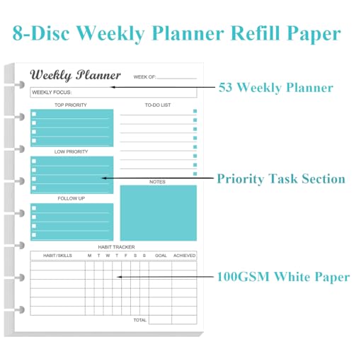 Junior Size Undated Weekly Planner Refills - 8-Disc 53 Sheets/106 Pages Weekly Planner for Half Letter Size, 100 gsm White Paper, Lasts 1 Year, Undated, 5.8" x 8.3", Teal - size: 1-Pack, style: 8-Disc/Junior Size