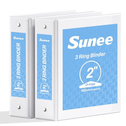 SUNEE 3 Ring Binder 2 Inch 2 Pack, Clear View Three Ring PVC-Free (Fit 8.5x11 Inches) for School or Office Supplies, White