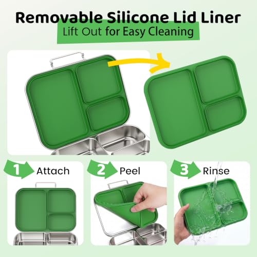 Pawtong Stainless Steel Bento Box for Kids and Adults, 3 Compartment Leakproof Lunch Box with Removable Silicone Seal and Silicone Contianer, Metal Lunch Container for School, Work and Travel (Green) - color: Green